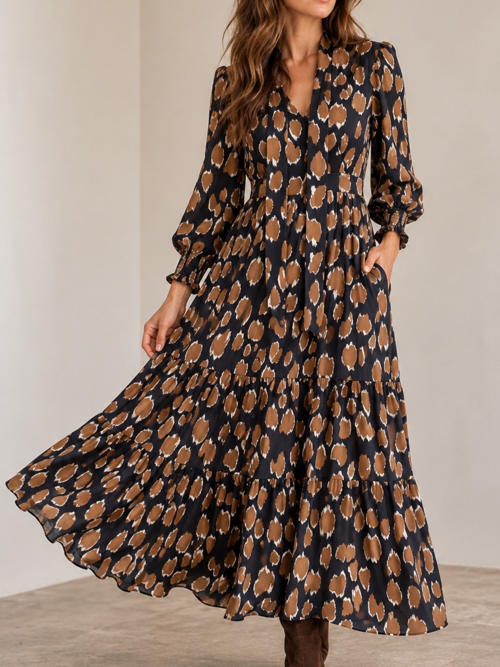 Simons Leopard Print Tiered Maxi Dress Tie Neck Long Sleeves Size M